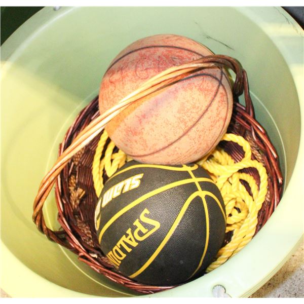LARGE GREEN UTILITY TUB, ROPE, BASKETBALLS