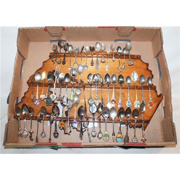 56 COLLECTOR SPOONS & WOOD DISPLAY WALL-RACK