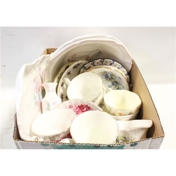 CHINA CUPS SAUVERS AND ASSORTED SERVING BOX LOT
