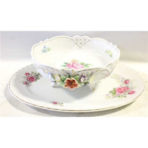 VINTAGE CHINA SERVING PLATTER & FOOTED BOWL