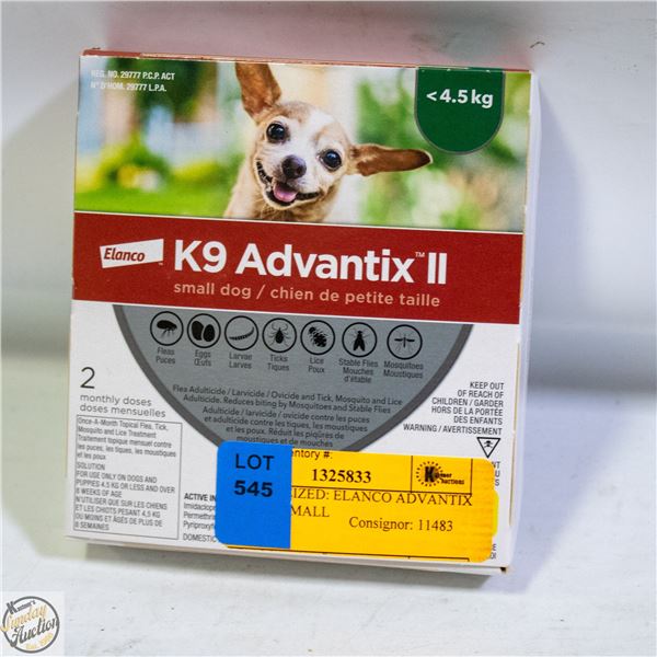 BAILIFF SEIZED: ELANCO ADVANTIX II <4.5KG SMALL