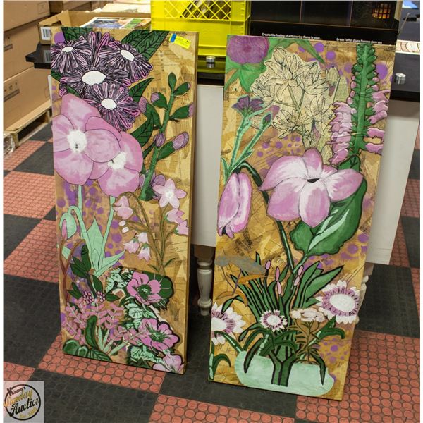 2 WOOD FRAMED FLORAL PAPER MACHE/PAINT ART PIECES
