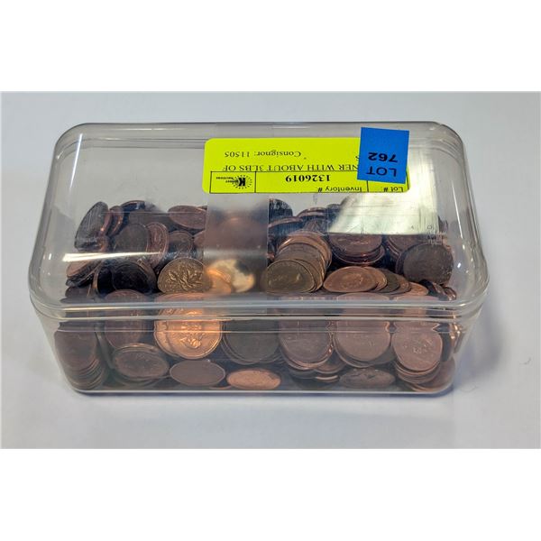 CONTAINER WITH ABOUT 3LBS OF PENNIES