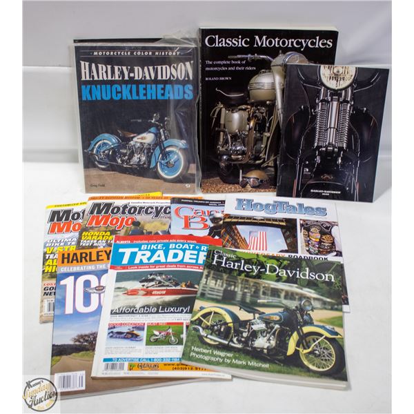 TOTE WITH ASSORTED HARLEY DAVIDSON BOOKS, MAGAZINE