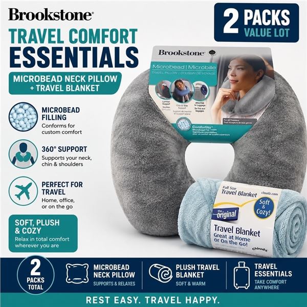 NEW BROOKSTONE TRAVEL PILLOW & BLANKET SET