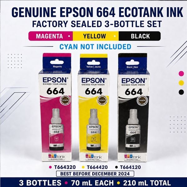 NEW 3 EPSON 664 INK MAGENTA YELLOW BLACK BB 12/24