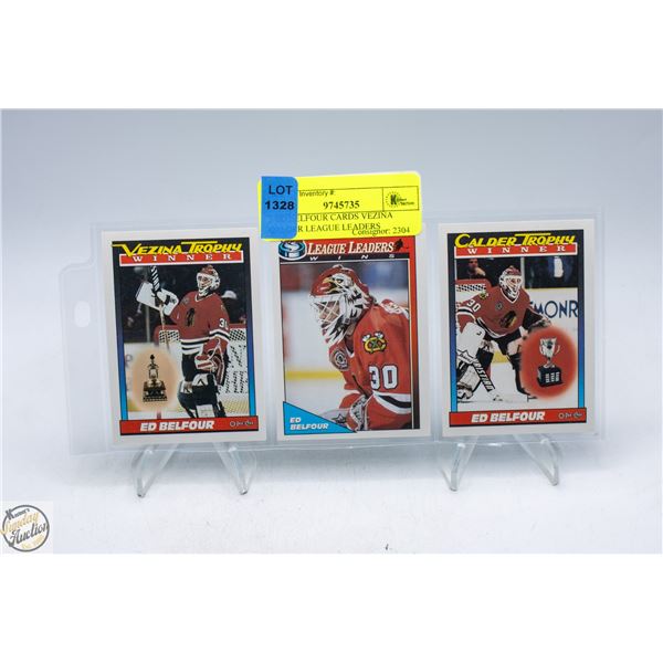 3 ED BELFOUR CARDS VEZINA CALDER LEAGUE LEADERS