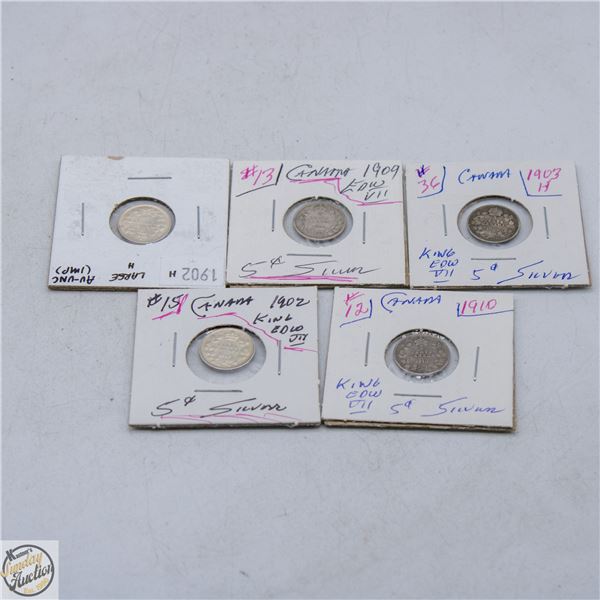 #5305-ALL 92.5 % SILVER-1902"H" KING EDWARD 5 CENT