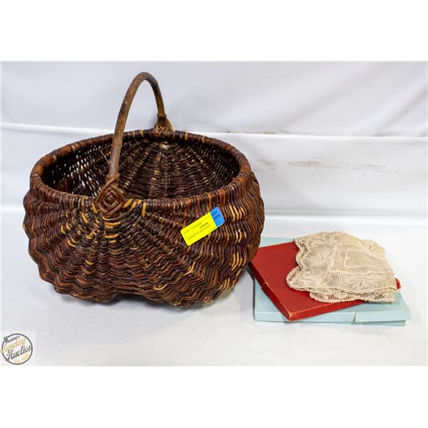 BASKET OF OLD LINEN