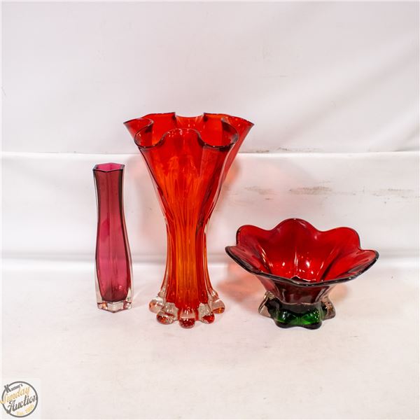MCM RED CRYSTAL BOWL & VASES
