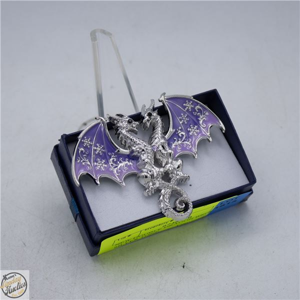 NEW DOUBLE DRAGON BROOCH SILVER TONE
