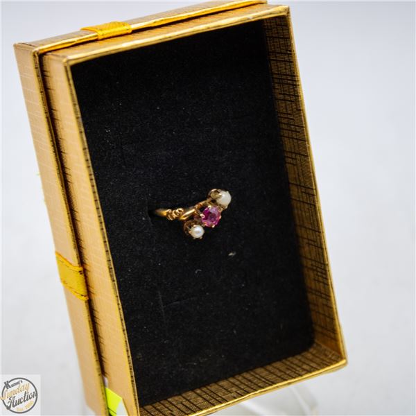 VINTAGE 14K GOLD PEARL+RED STONE RING 1.70 GRAM