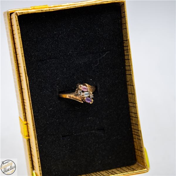 VINTAGE 10K GOLD RING WITH TOURMALINE, TOPAZ,