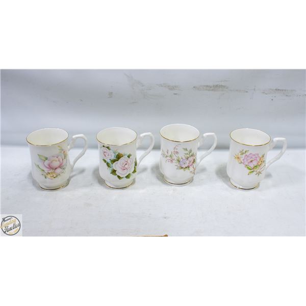 FOUR VINTAGE WHITE BONE CHINA FOOTED MUGS