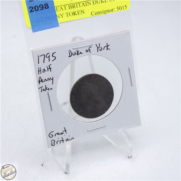 1795 GREAT BRITAIN DUKE OF YORK 1/2 PENNY TOKEN