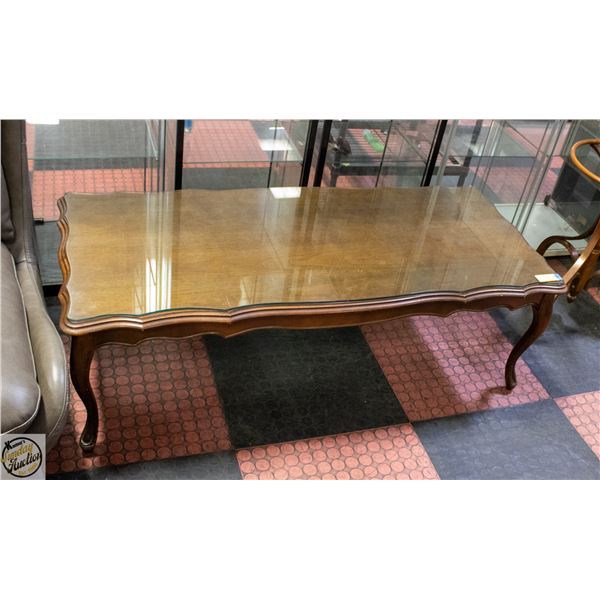 1964 VINTAGE GLASS TOPPED SOLID WOOD COFFEE TABLE