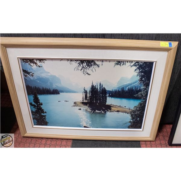 FRAMED PICTURE SPIRIT ISLAND ON MALIGNE LAKE
