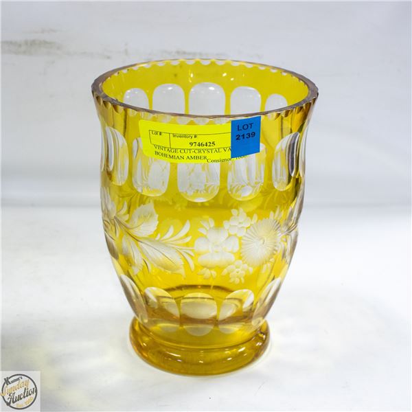 VINTAGE CUT-CRYSTAL VASE BOHEMIAN AMBER