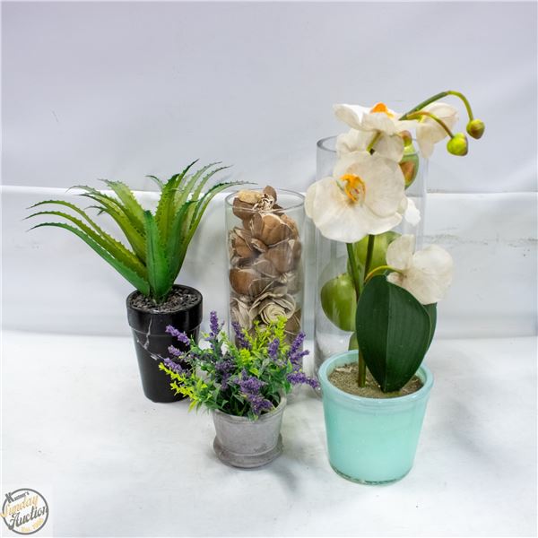 LOT OF ARTIFICIAL ORCHID FLOWERS,PLANTS,VASES