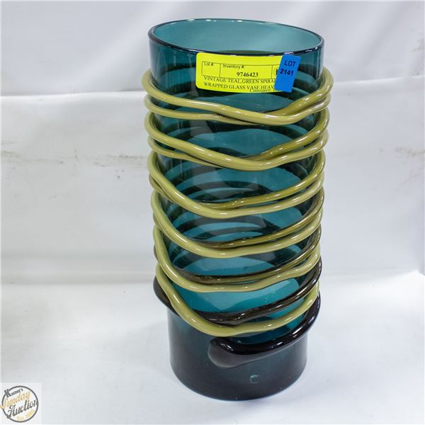 VINTAGE TEAL,GREEN SPIRAL WRAPPED GLASS VASE HEAVY