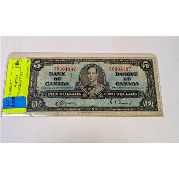1937 $5 CANADIAN NOTE