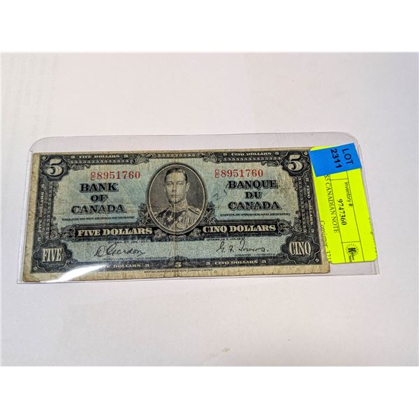 1937 $5 CANADIAN NOTE