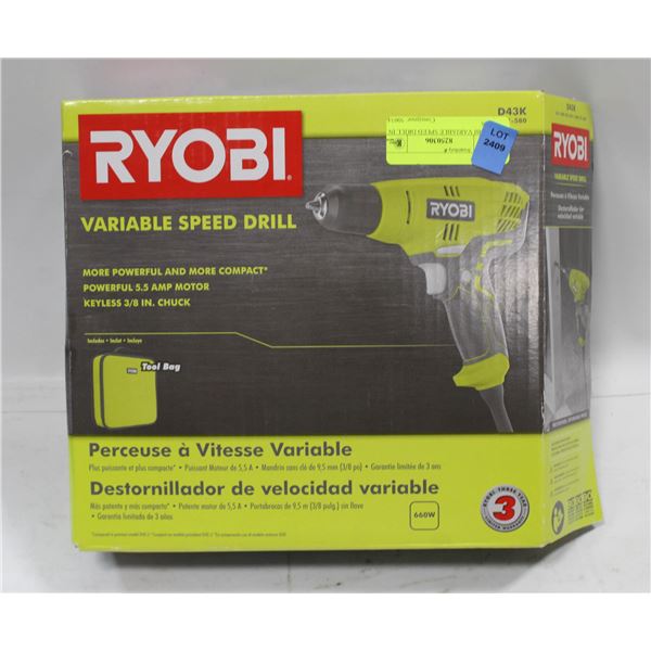 RYOBI VARIABLE SPEED DRILL IN BOX