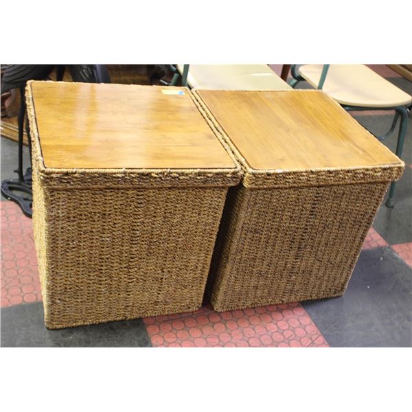 2 WICKER STORAGE END TABLES WITH WOODEN TOPS