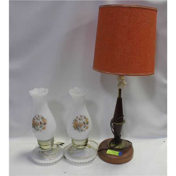 THREE RETRO LAMPS (ONE ORANGE SHADE,