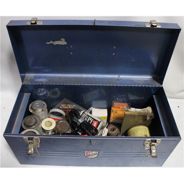 METAL BEACH TOOL BOX FULL OF SOLDERING AND PIPE