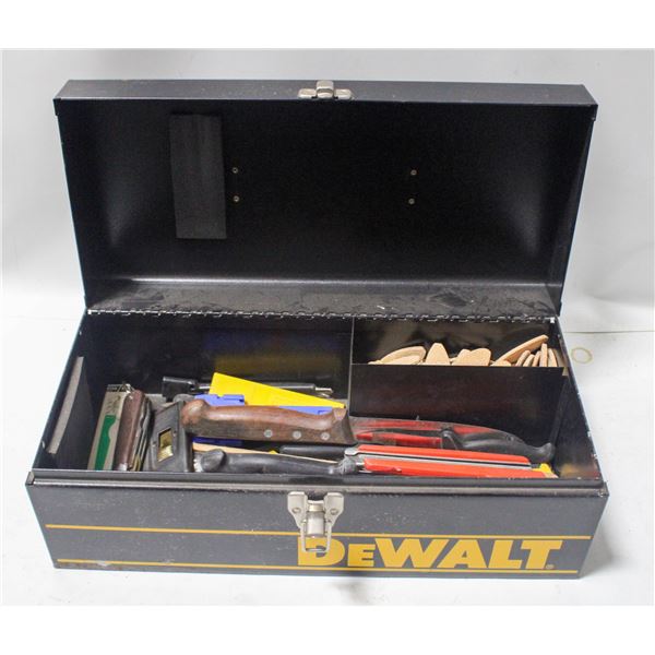 DEWALT METAL TOOL BOX FULL OF KNIVES AND CUTTERS