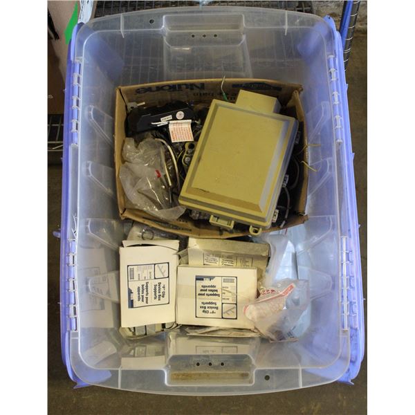 TOTE FULL OF MISC ELECTRICAL RELATED ITEMS AND
