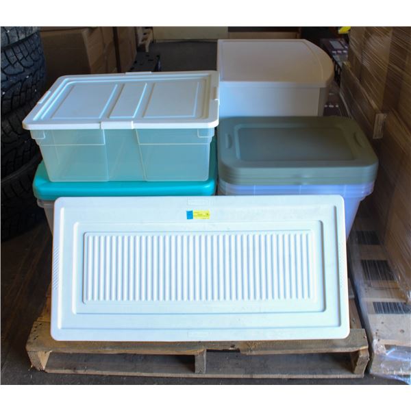 13 ASSORTED CLEAR TOTES WITH LIDS