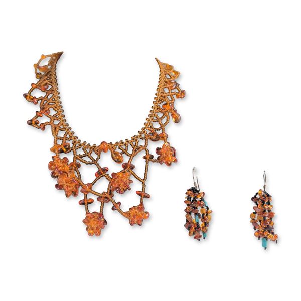 2pc Amber and Seed Bead Necklace and Earrings Jewelry Suite