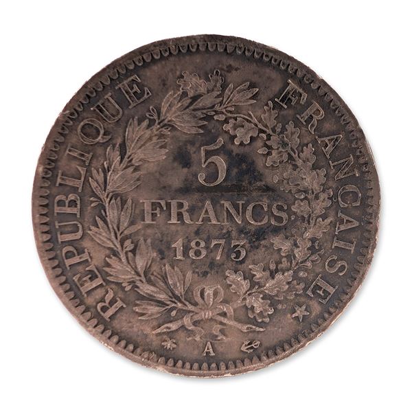 1873-A France Hercules Silver 5 Francs Coin