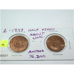 2- 1943 About unc  1/2 Penny , Great Britain
