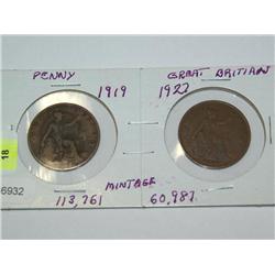 2 Large Pennies 1-1919, 1-1927