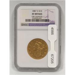 1887 S $10 Gold Coin NGC Certified XF Details