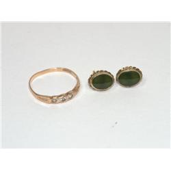 AAA Jade Wire Design Earrings & Gold Carved Ring