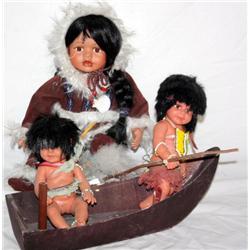 3 Indian Dolls & A Boat 16" Long Boat