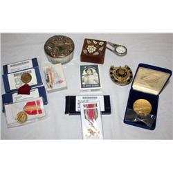 Lot of Collectible Medals, Cards, Belt Buckle