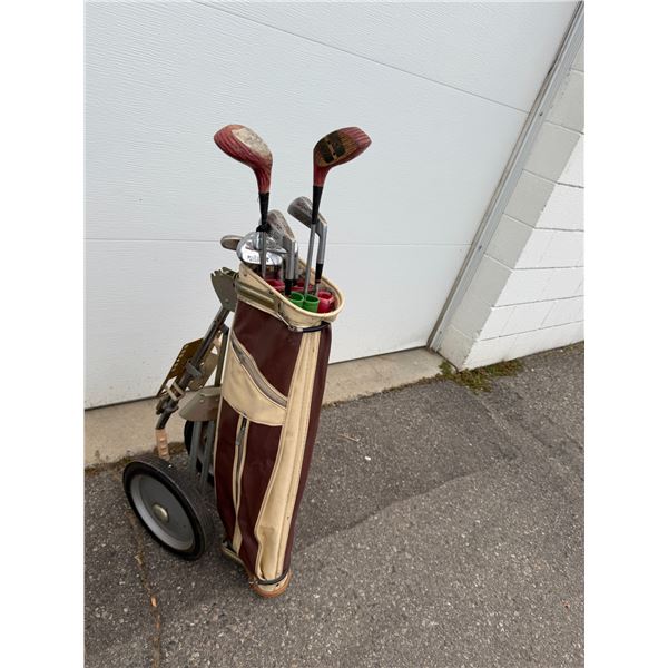 Golf clubs, Some  wooden with bag and cart