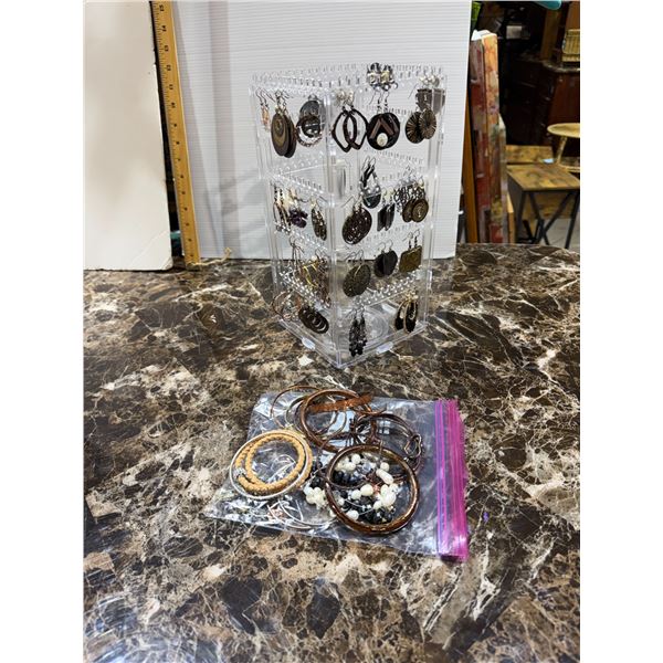 Earrings, bracelets, and stand