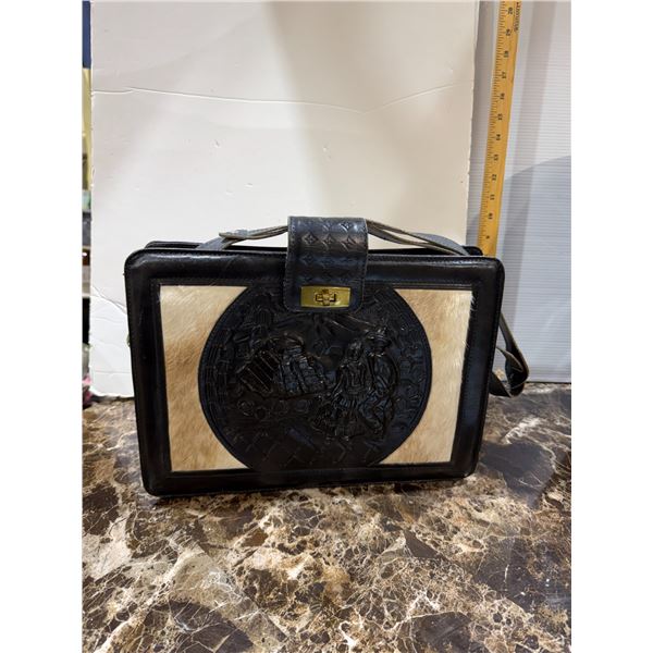 vintage Mexican hand-tooled leather and calf hair handbag