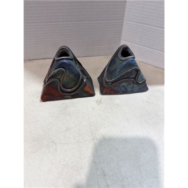Raku pottery candle holders signed