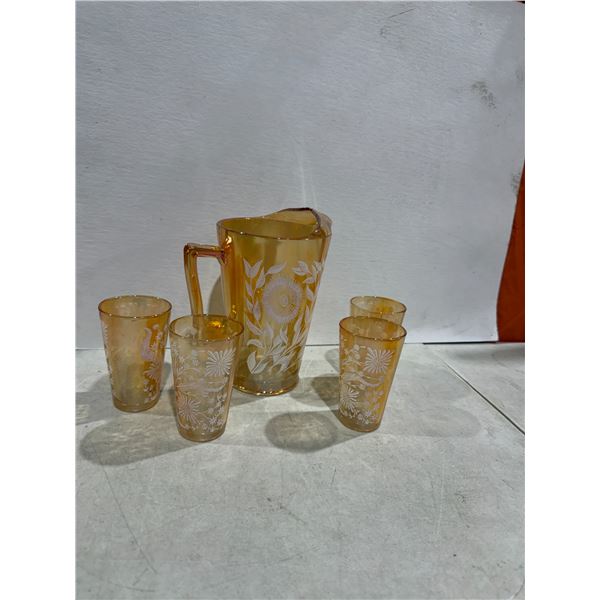 Jeannette Glass Company marigold carnival glass lemonade or water set featuring the Cosmos