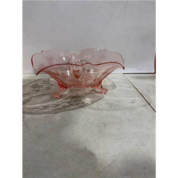 vintage pink depression glass 3-footed bowl in the Jubilee pattern made by the Lancaster Glass Compa