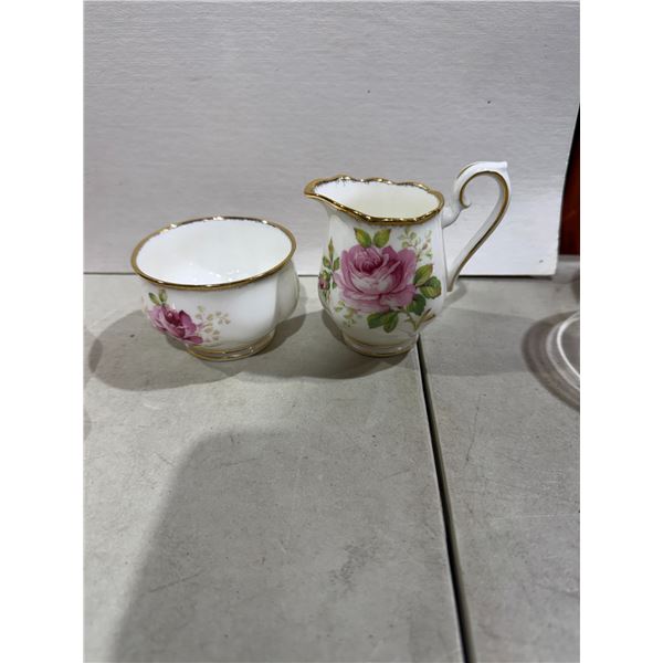 Royal Albert, American beauty creamer, and sugar dish