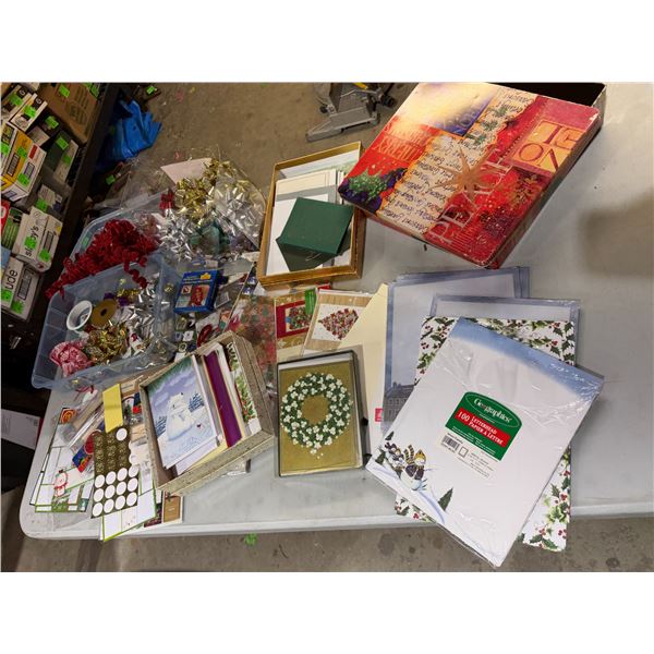 Christmas cards, bows, and other items