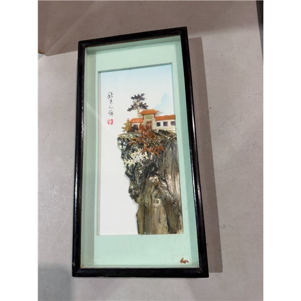 vintage Chinese 3D mother-of-pearl and abalone shell art shadow box featuring a traditional architec
